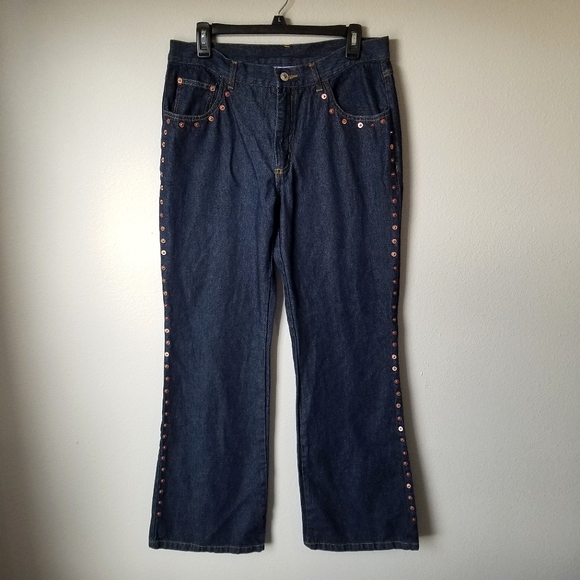 Vintage Y2K 90s Dark Wash High Rise Wide Leg Jean with Studded Grommets Sz 11/12 - Picture 4 of 12